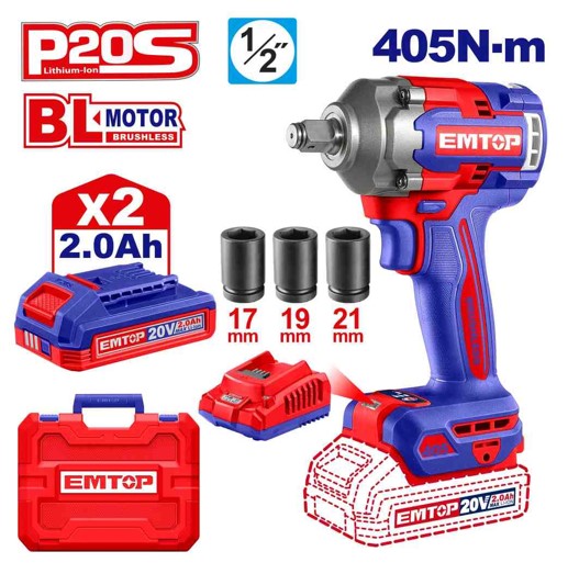 Brushless 20V Cordless Impact Wrench 1/2 inch Drive 405Nm Fastening 555Nm Breakaway 0-2400rpm 0-3000bpm with 2x2.0Ah Batteries Charger 17/19/21mm Sockets